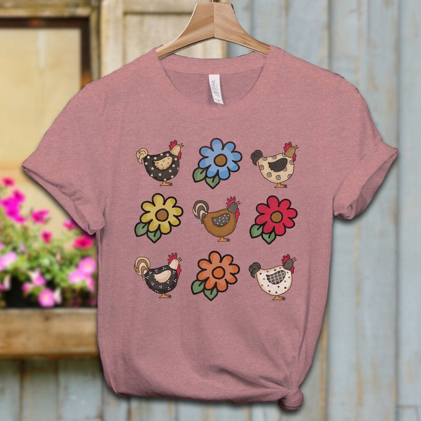 Ladies Shirt Adult T-shirt / XS / Heather Mauve Chickens and Flowers Shirt