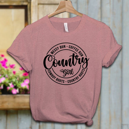 Ladies Shirt Adult T-shirt / XS / Heather Mauve Country Girl Messy Bun Coffee Run Shirt