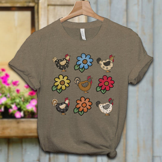 Ladies Shirt Adult T-shirt / XS / Heather Olive Chickens and Flowers Shirt