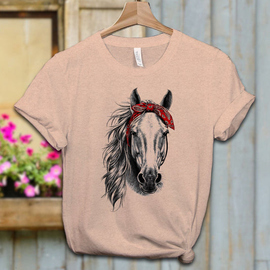 Ladies Shirt Adult T-shirt / XS / Heather Peach Stylish Horse with Red Bandana Shirt