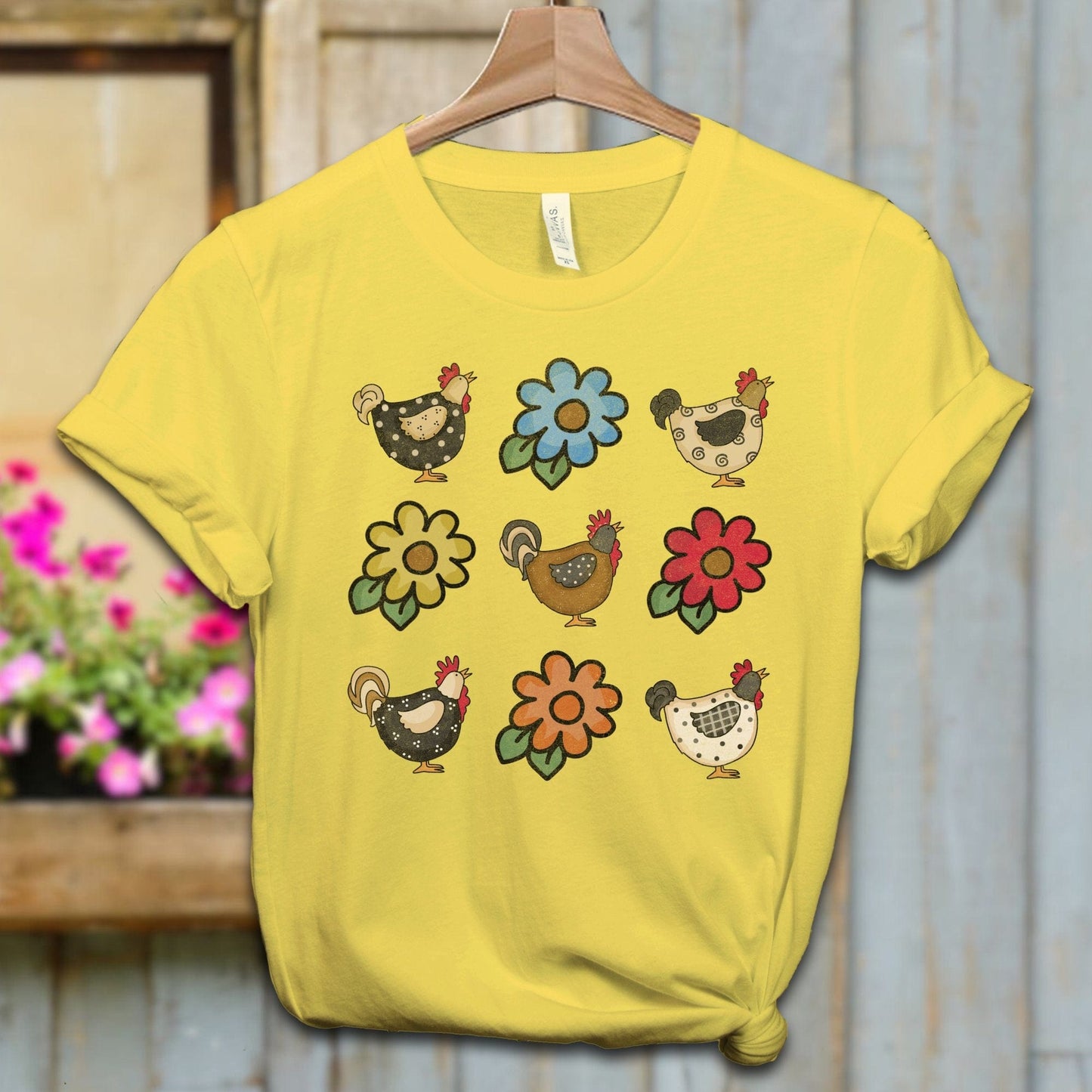 Ladies Shirt Adult T-shirt / XS / Maize Yellow Chickens and Flowers Shirt