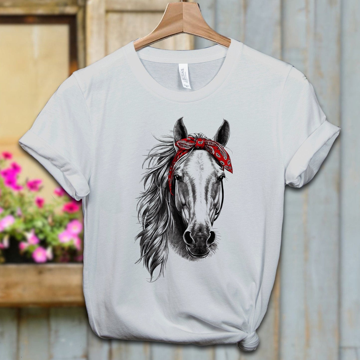 Ladies Shirt Adult T-shirt / XS / Silver Stylish Horse with Red Bandana Shirt