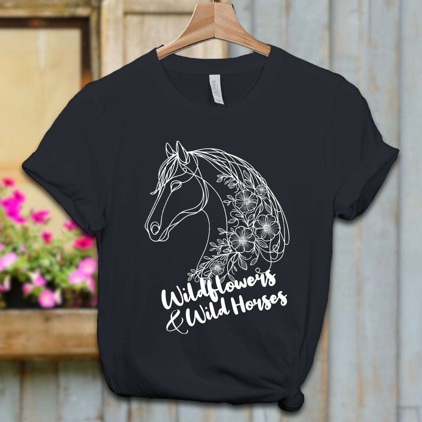 Ladies Shirt Adult T-shirt / XS / Vintage Black Wildflowers And Wild Horses Shirt