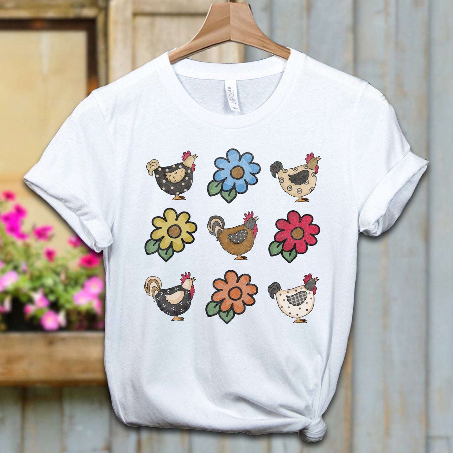 Ladies Shirt Adult T-shirt / XS / White Chickens and Flowers Shirt