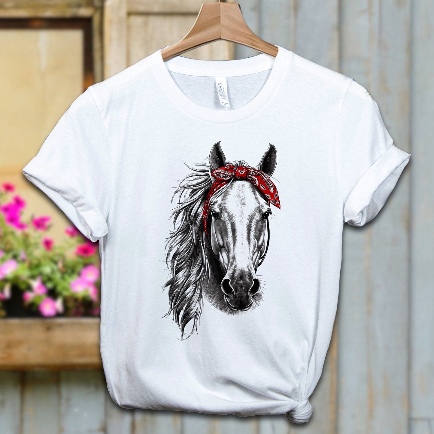 Ladies Shirt Adult T-shirt / XS / White Stylish Horse with Red Bandana Shirt