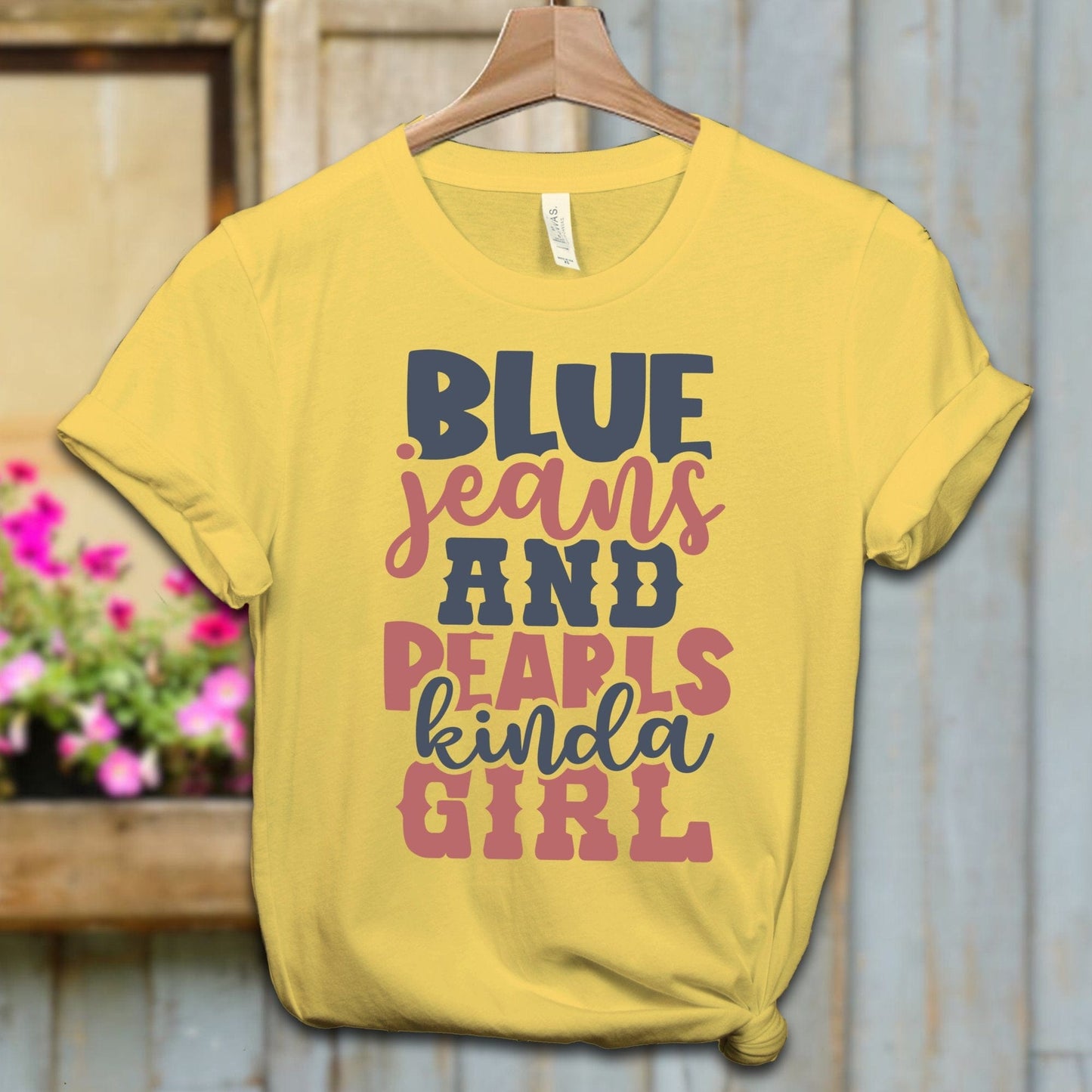 Ladies Shirt Adult T-shirt / XS / Yellow Blue Jeans and Pearls Kinda Girl Shirt