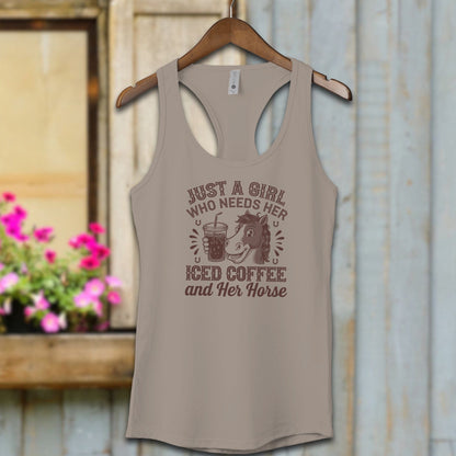 Ladies Shirt Adult Tank Top / Warm Grey / XS Just A Girl Iced Coffee And Horse Shirt