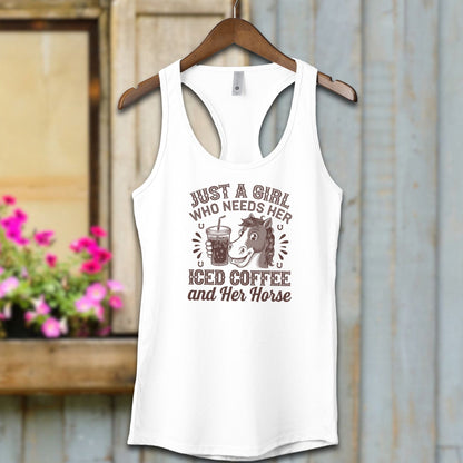 Ladies Shirt Adult Tank Top / White / XS Just A Girl Iced Coffee And Horse Shirt