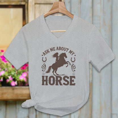 Ladies Shirt Adult V-neck / Athletic Heather / S Ask Me About My Horse Shirt