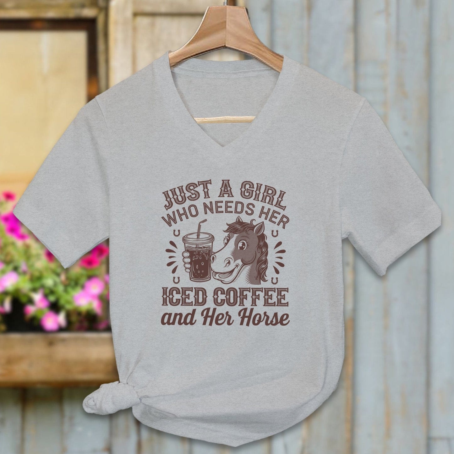 Ladies Shirt Adult V-neck / Athletic Heather / S Just A Girl Iced Coffee And Horse Shirt