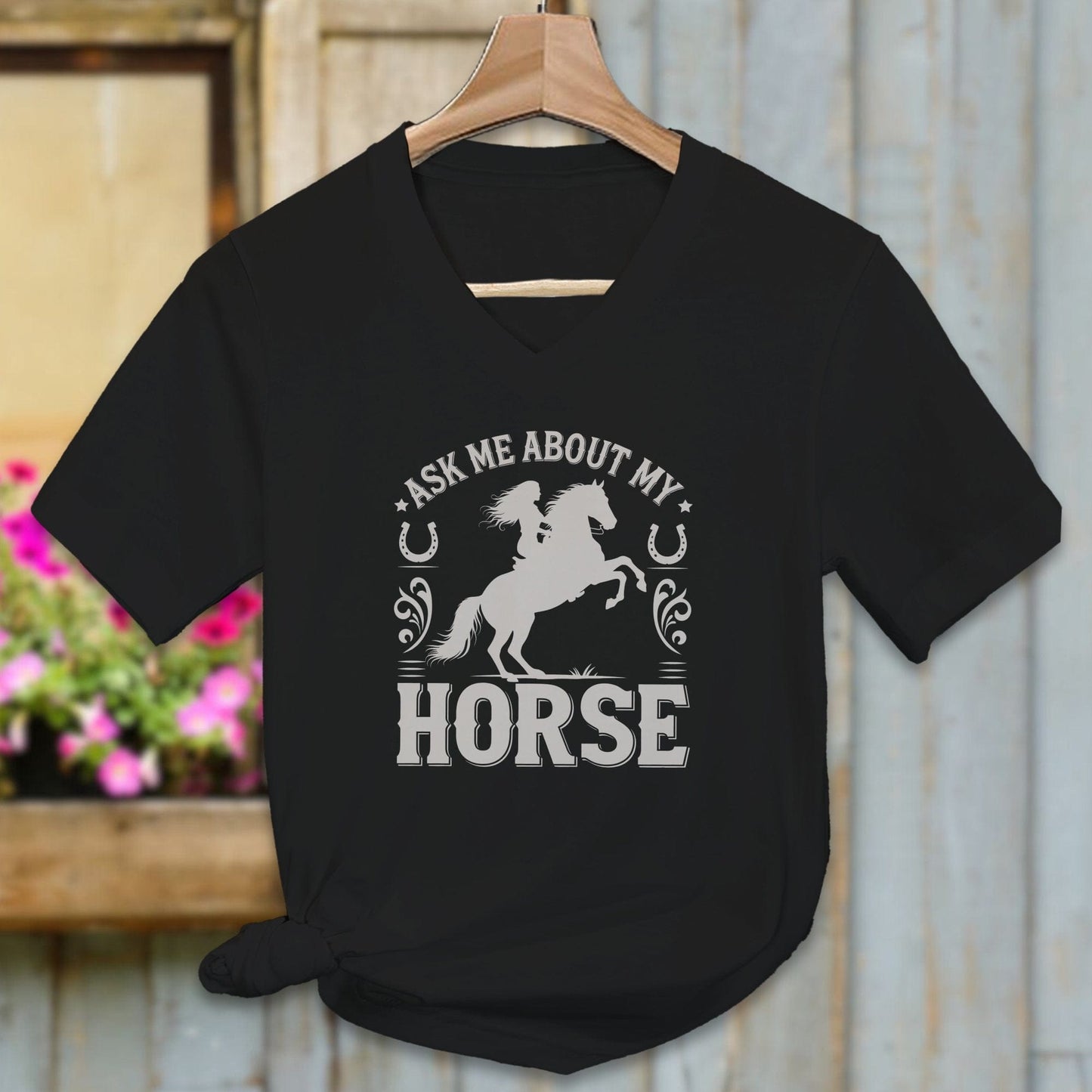 Ladies Shirt Adult V-neck / Black / S Ask Me About My Horse Shirt