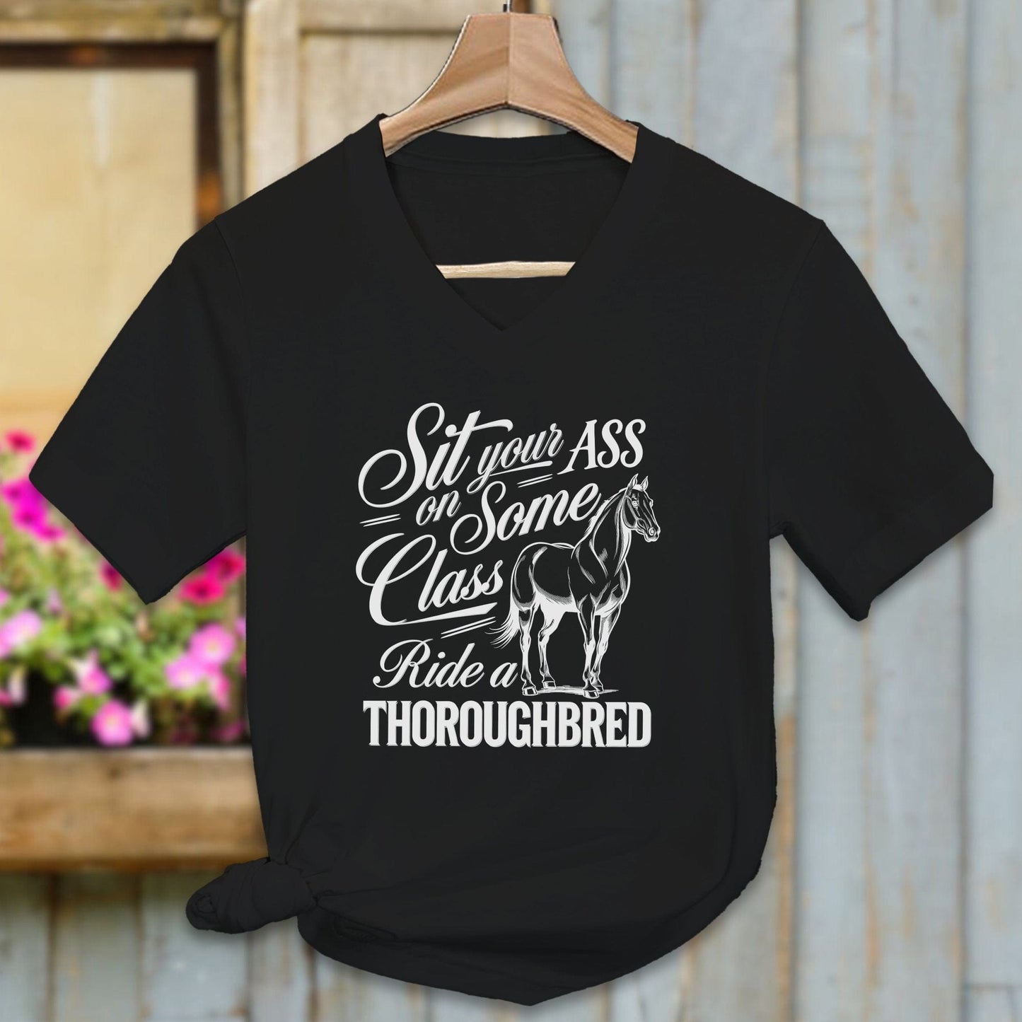 Ladies Shirt Adult V-neck / Black / S Ride a Thoroughbred Shirt