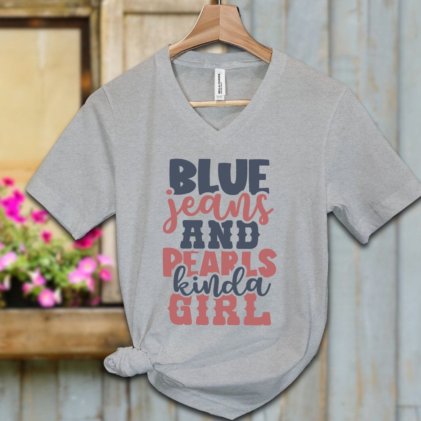 Ladies Shirt Adult V-neck / S / Athletic Heather Blue Jeans and Pearls Kinda Girl Shirt