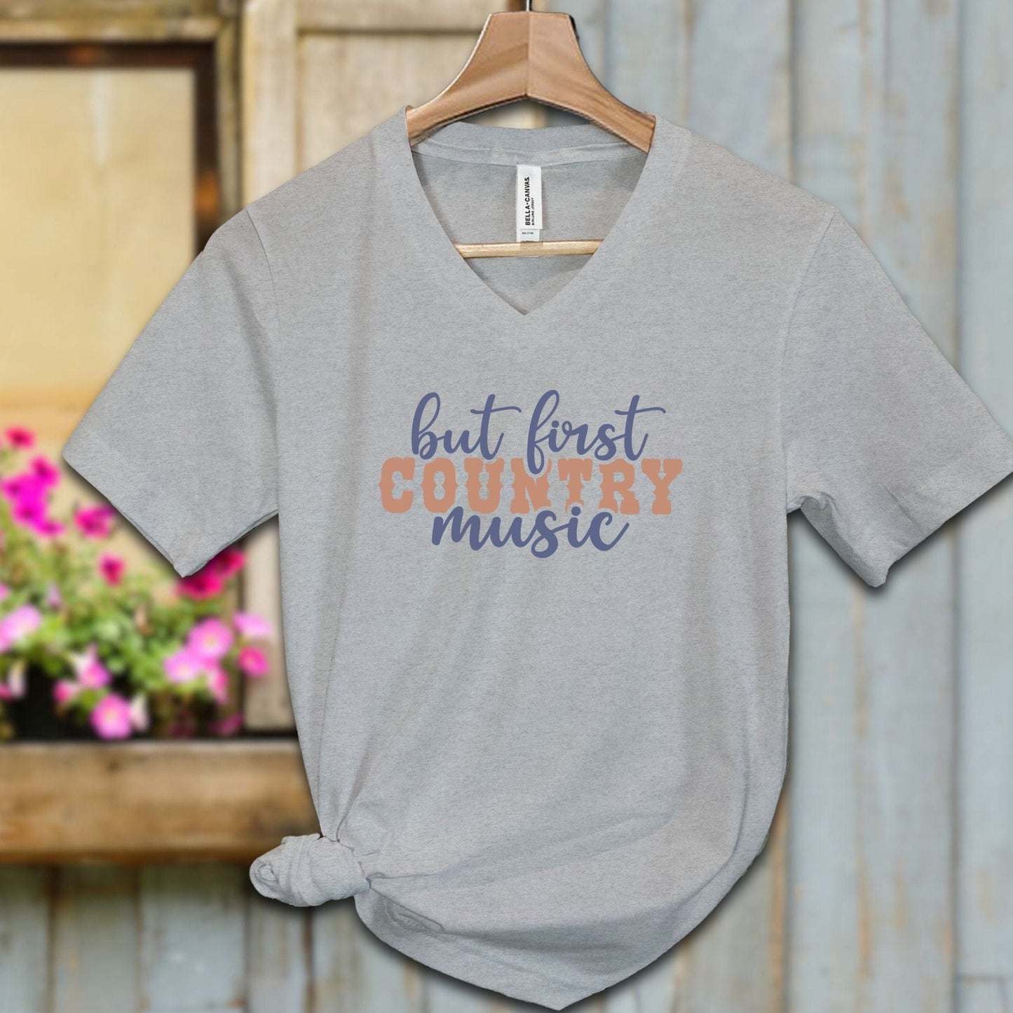 Ladies Shirt Adult V-neck / S / Athletic Heather But First Country Music Shirt