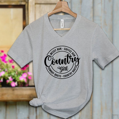 Ladies Shirt Adult V-neck / S / Athletic Heather Country Girl Messy Bun Coffee Run Shirt