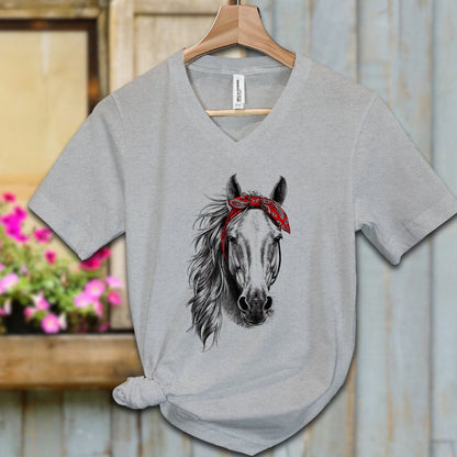 Ladies Shirt Adult V-neck / S / Athletic Heather Stylish Horse with Red Bandana Shirt