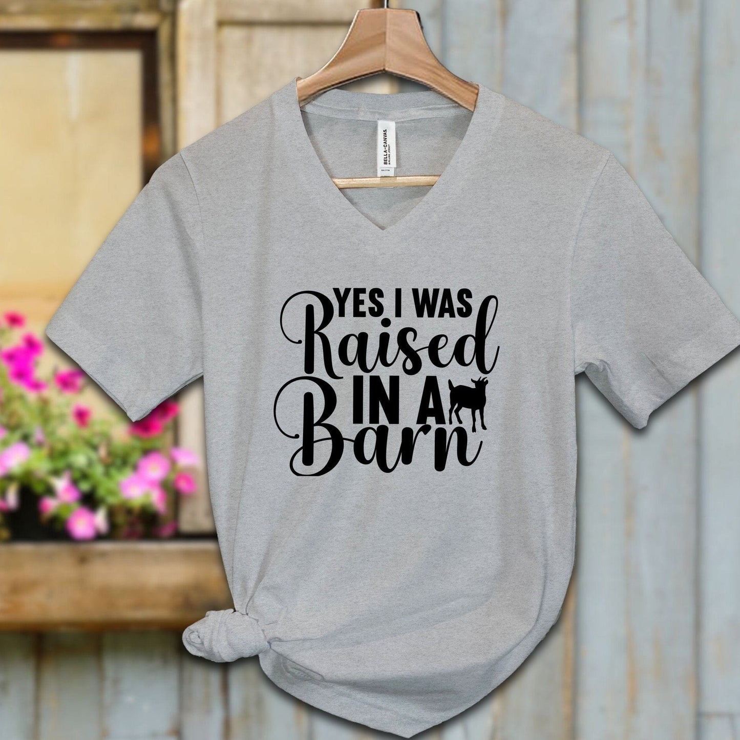 Ladies Shirt Adult V-neck / S / Athletic Heather Yes I Was Raised In A Barn Shirt