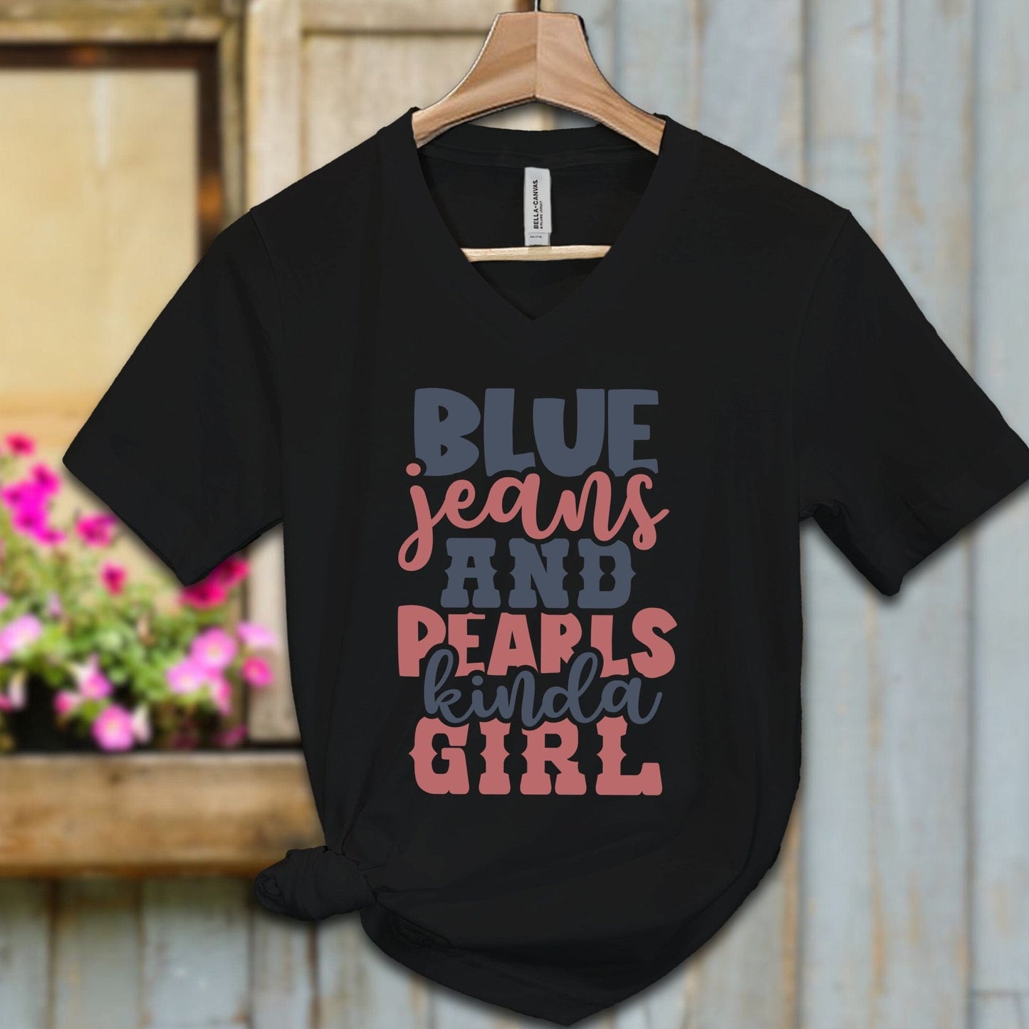 Ladies Shirt Adult V-neck / S / Black Blue Jeans and Pearls Kinda Girl Shirt