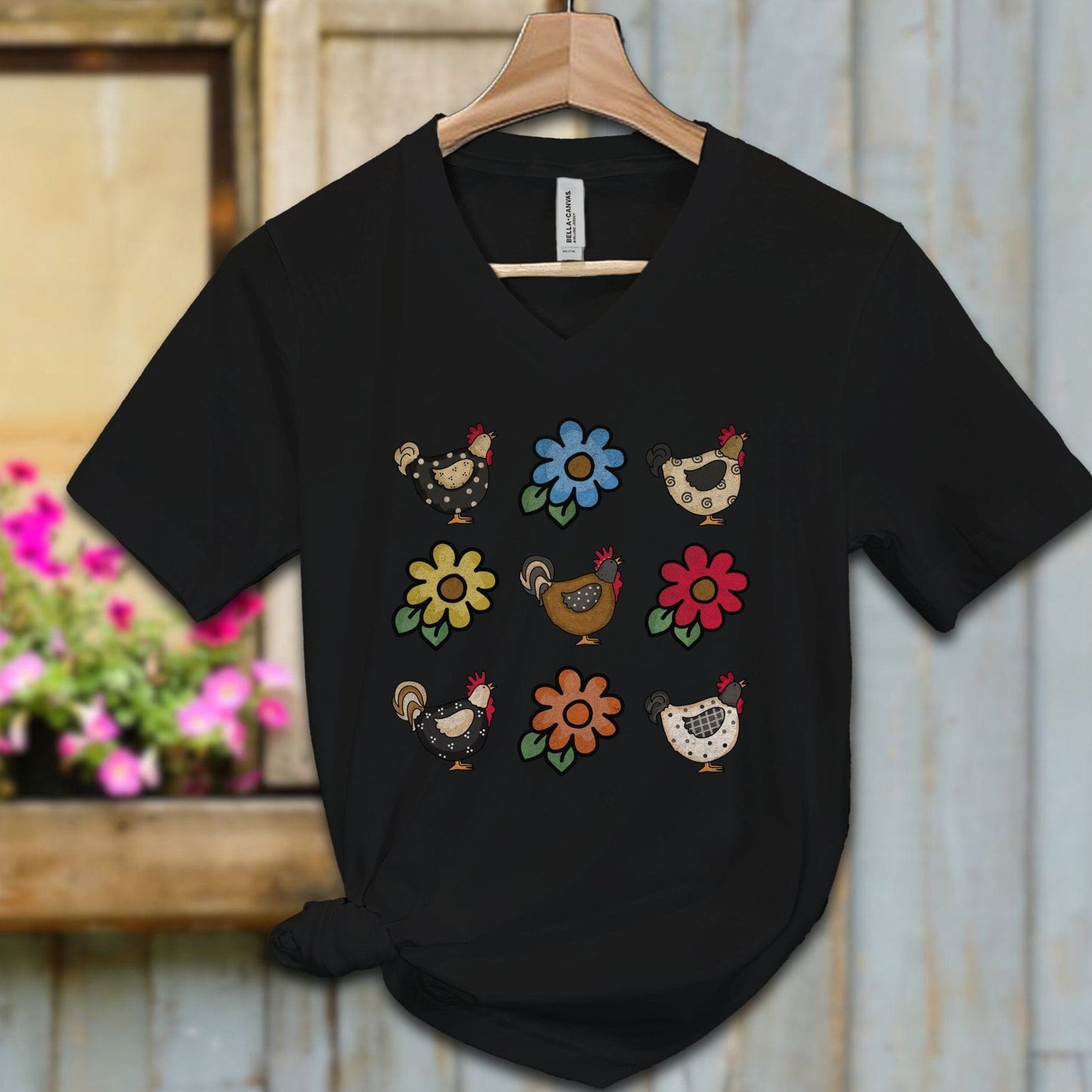 Ladies Shirt Adult V-neck / S / Black Chickens and Flowers Shirt