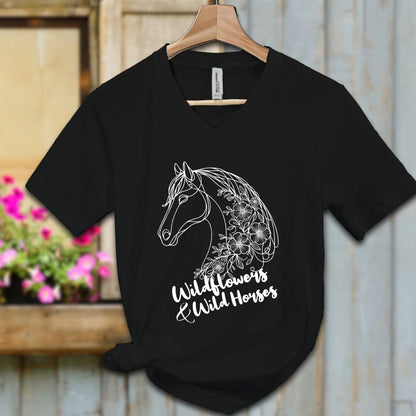 Ladies Shirt Adult V-neck / S / Black Wildflowers And Wild Horses Shirt