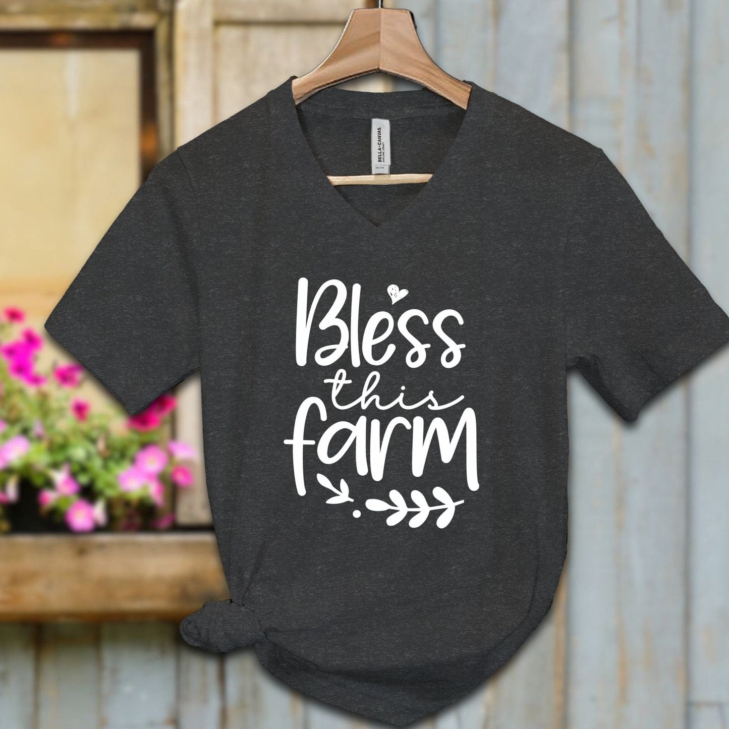 Ladies Shirt Adult V-neck / S / Dark Grey Heather Bless this Farm Shirt