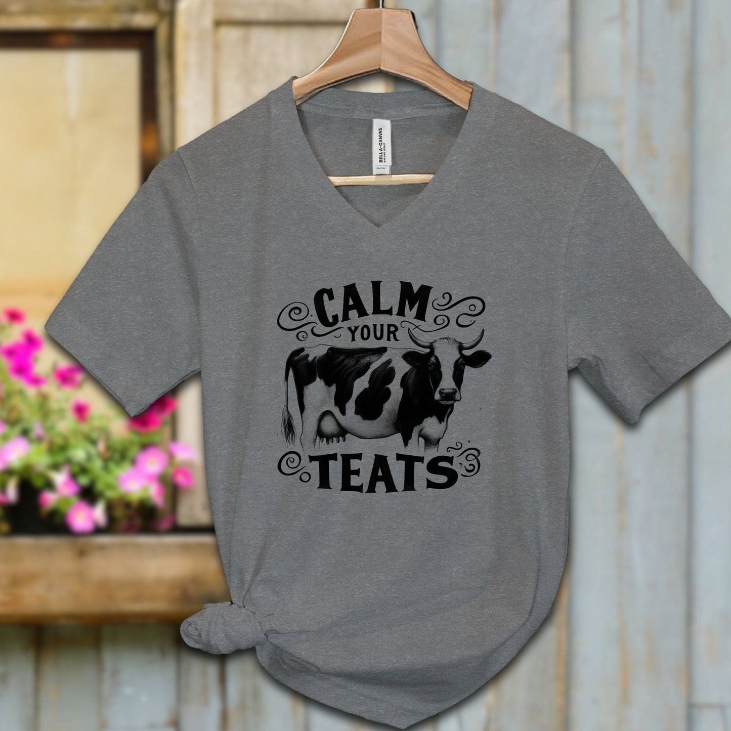 Ladies Shirt Adult V-neck / S / Deep Heather Calm Your Teats Shirt