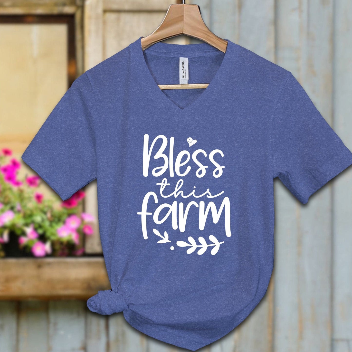 Ladies Shirt Adult V-neck / S / Heather True Royal Bless this Farm Shirt