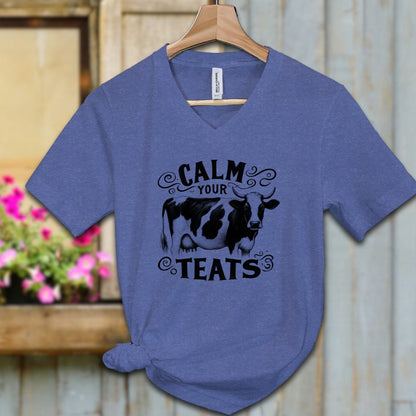 Ladies Shirt Adult V-neck / S / Heather True Royal Calm Your Teats Shirt