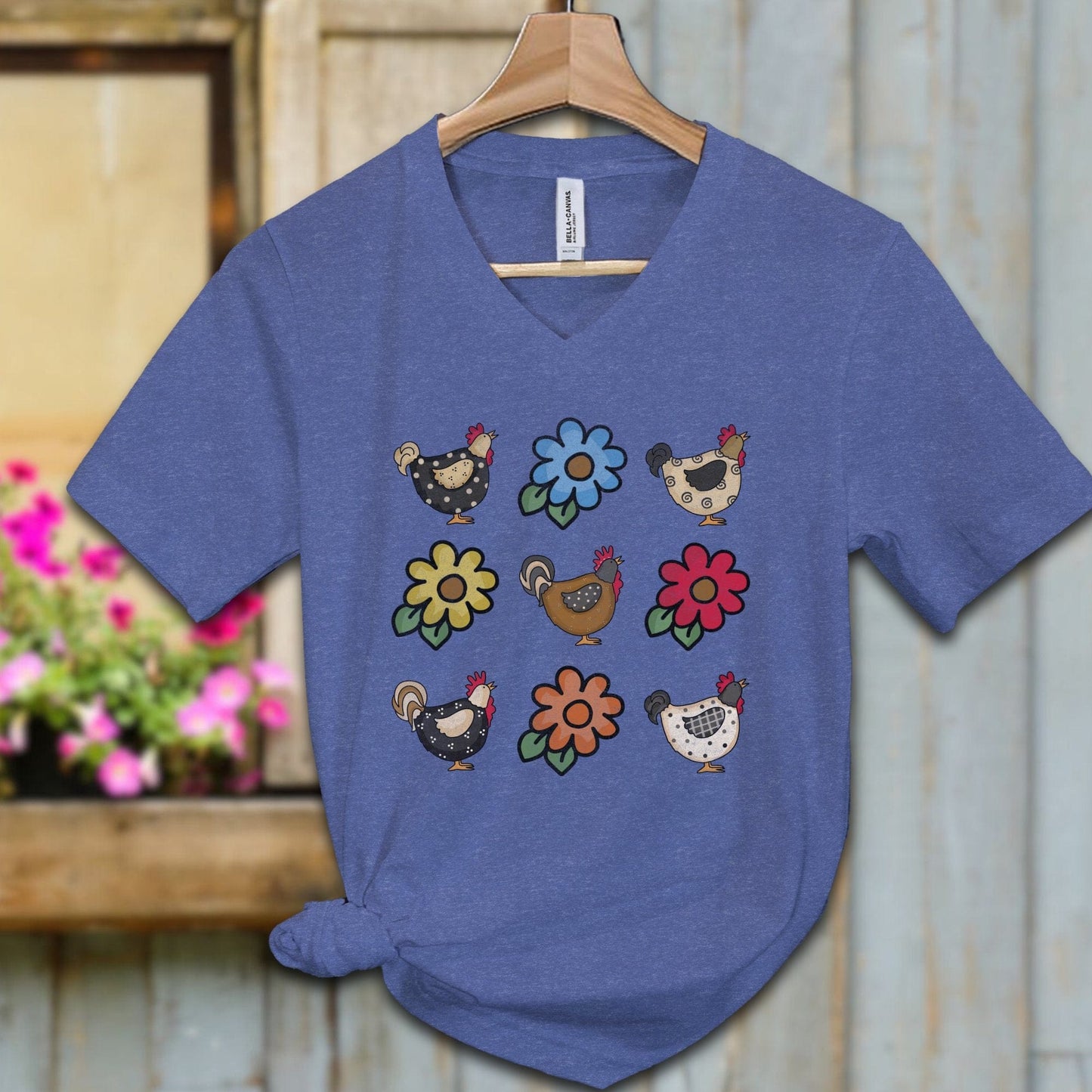 Ladies Shirt Adult V-neck / S / Heather True Royal Chickens and Flowers Shirt