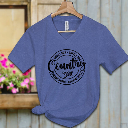 Ladies Shirt Adult V-neck / S / Heather True Royal Country Girl Messy Bun Coffee Run Shirt