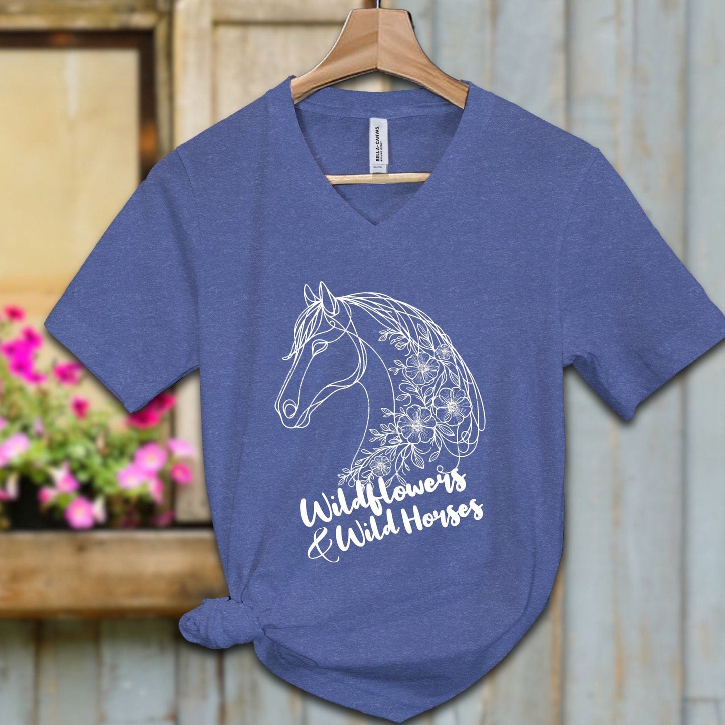 Ladies Shirt Adult V-neck / S / Heather True Royal Wildflowers And Wild Horses Shirt