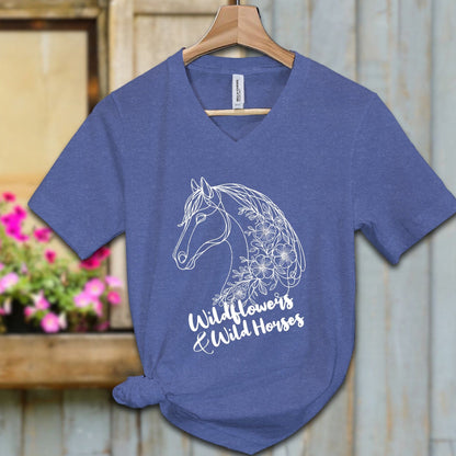 Ladies Shirt Adult V-neck / S / Heather True Royal Wildflowers And Wild Horses Shirt