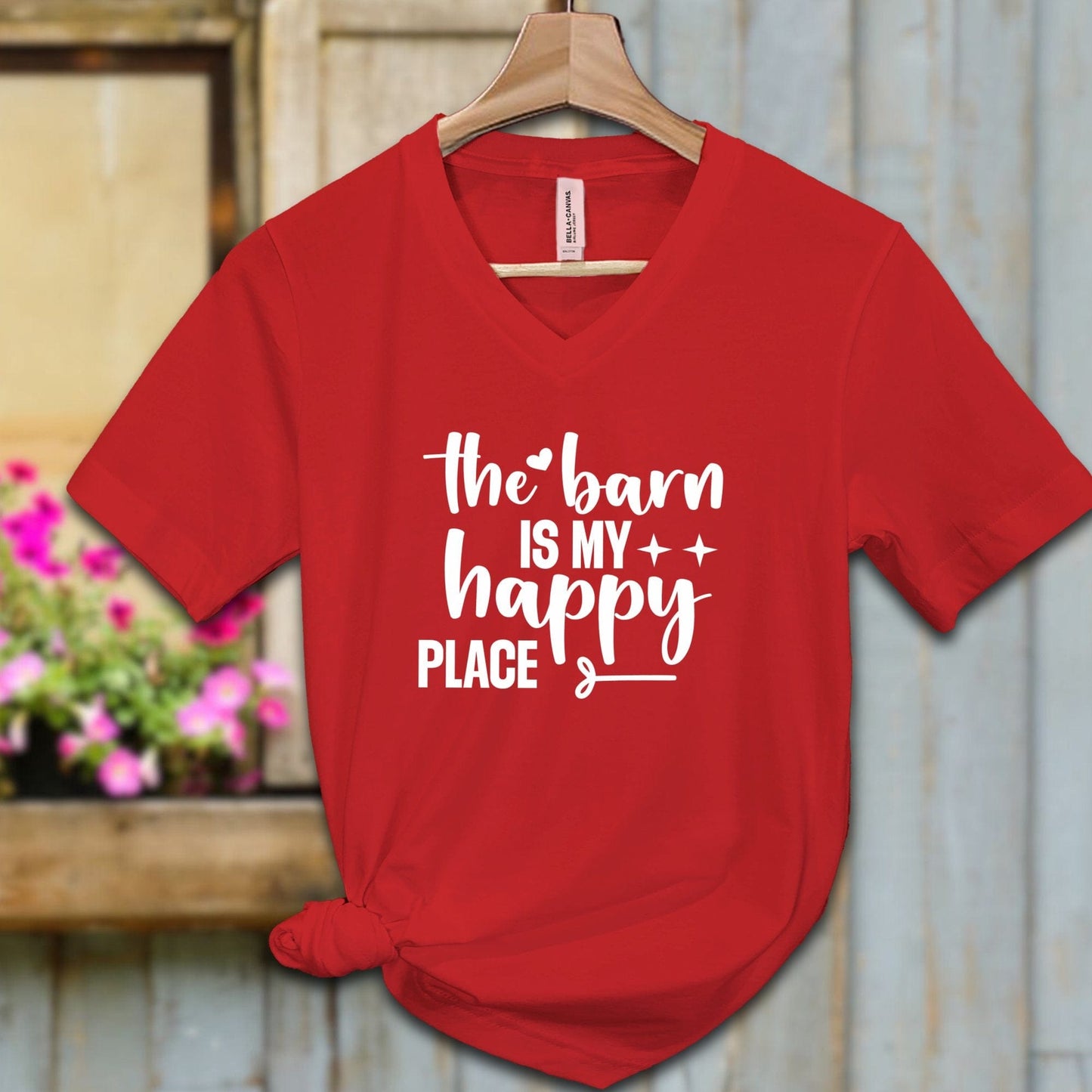 Ladies Shirt Adult V-neck / S / Red The Barn Is My Happy Place Shirt