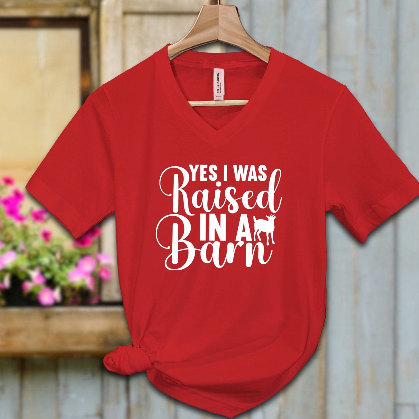 Ladies Shirt Adult V-neck / S / Red Yes I Was Raised In A Barn Shirt