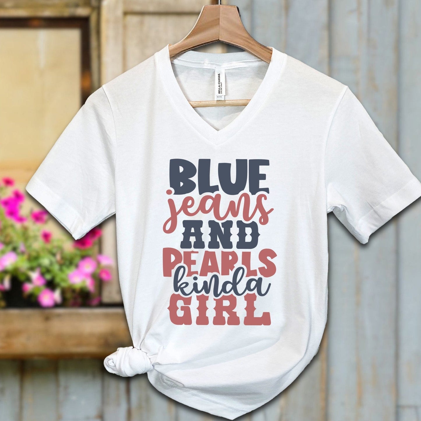 Ladies Shirt Adult V-neck / S / White Blue Jeans and Pearls Kinda Girl Shirt