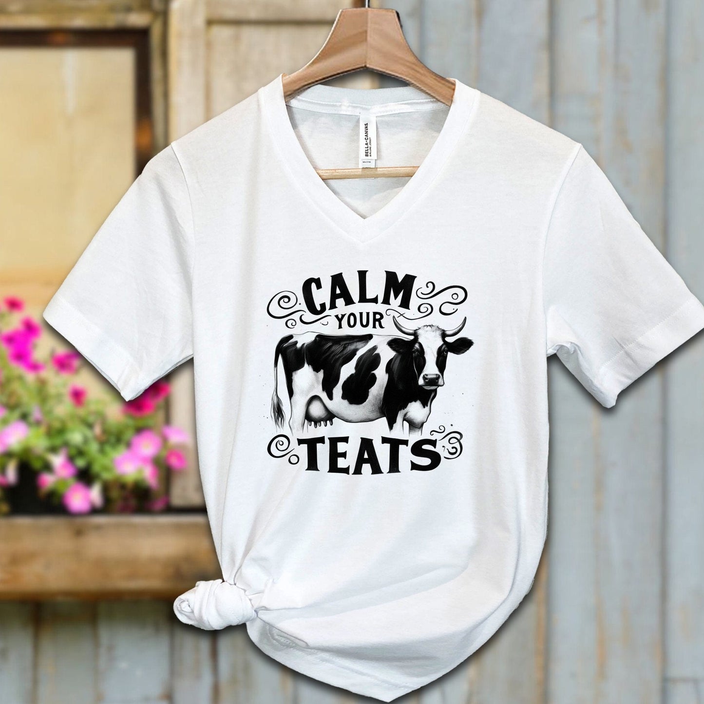 Ladies Shirt Adult V-neck / S / White Calm Your Teats Shirt