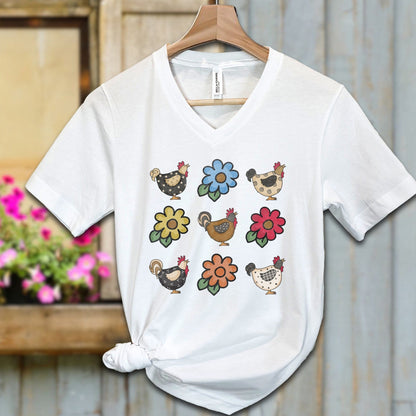 Ladies Shirt Adult V-neck / S / White Chickens and Flowers Shirt