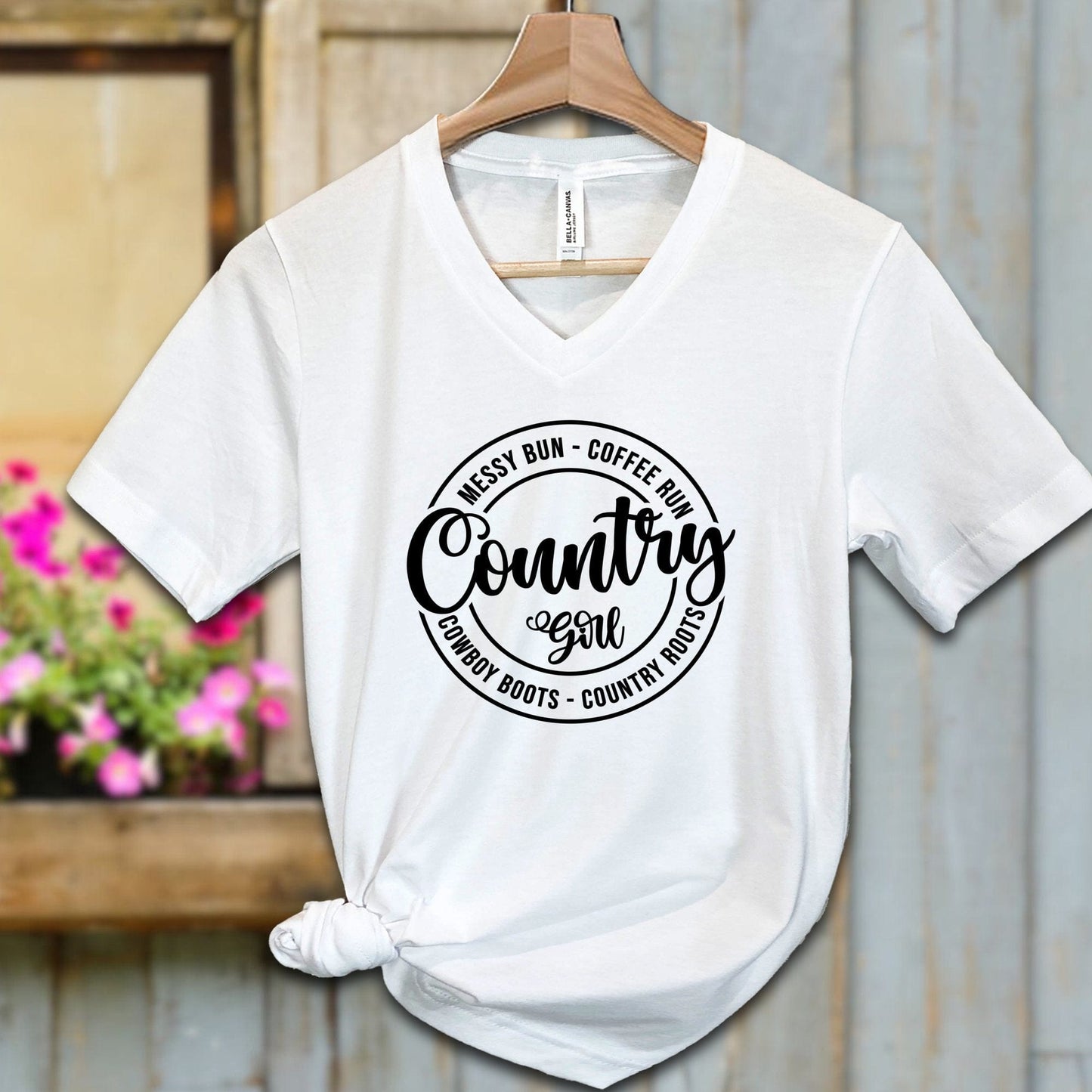 Ladies Shirt Adult V-neck / S / White Country Girl Messy Bun Coffee Run Shirt