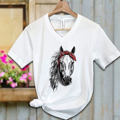 Ladies Shirt Adult V-neck / S / White Stylish Horse with Red Bandana Shirt