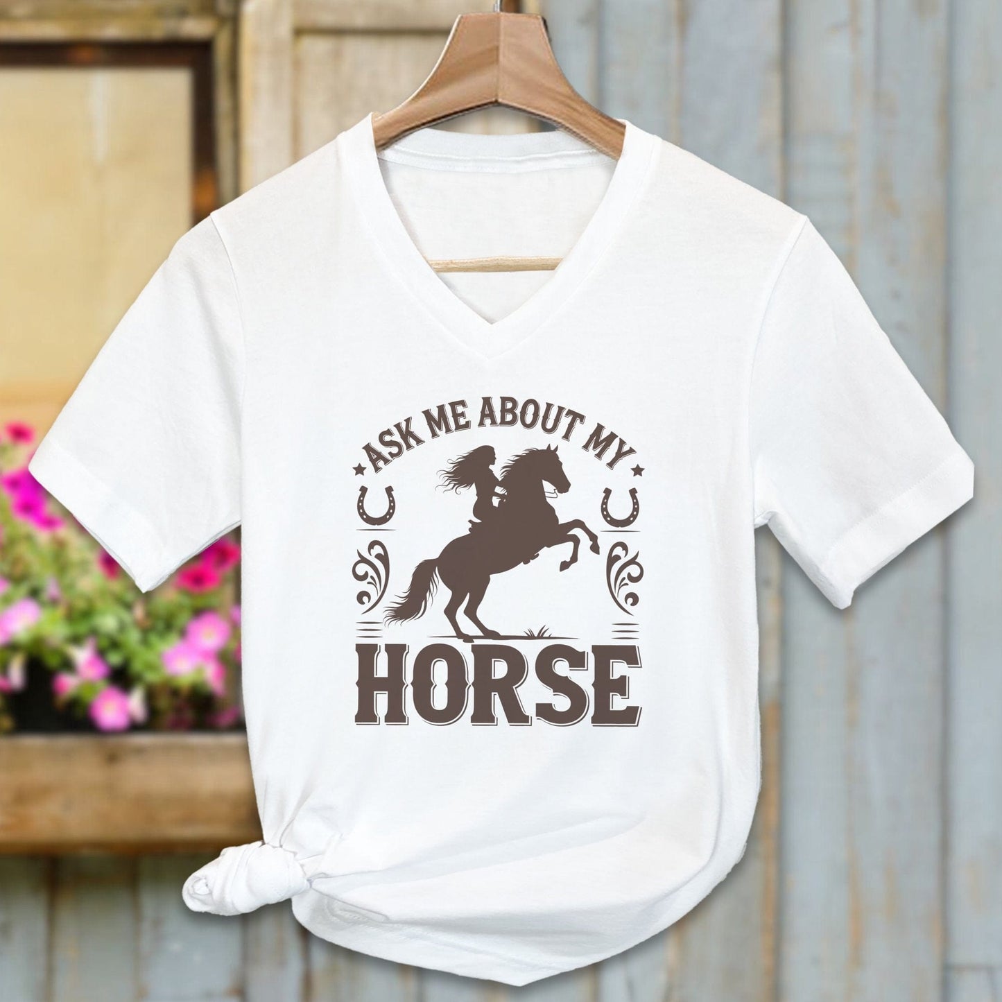 Ladies Shirt Adult V-neck / White / S Ask Me About My Horse Shirt