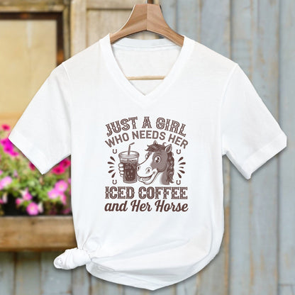 Ladies Shirt Adult V-neck / White / S Just A Girl Iced Coffee And Horse Shirt