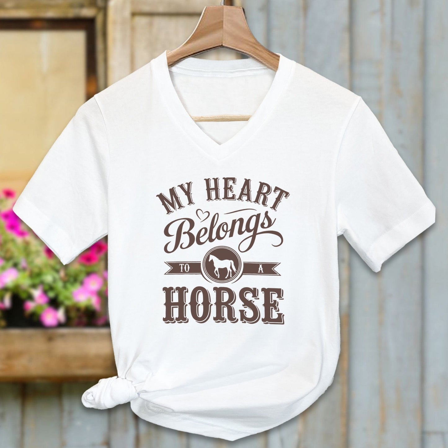 Ladies Shirt Adult V-neck / White / S My Heart Belongs To A Horse Shirt