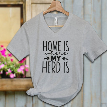 Ladies Shirt Athletic Heather / S / Adult V-neck Home Is Where My Herd Is Shirt