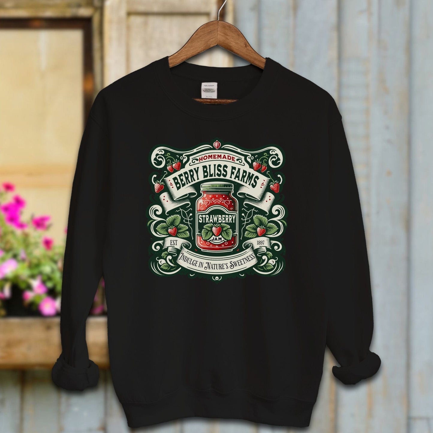 Ladies Shirt Black / S / Adult Sweatshirt Berry Bliss Farms Strawberry Jam Shirt