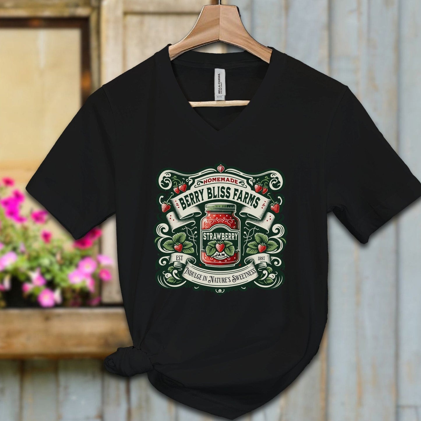 Ladies Shirt Black / S / Adult V-neck Berry Bliss Farms Strawberry Jam Shirt