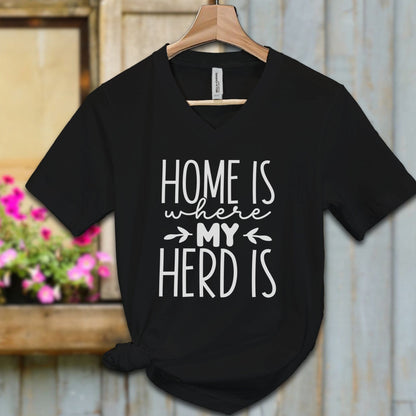 Ladies Shirt Black / S / Adult V-neck Home Is Where My Herd Is Shirt