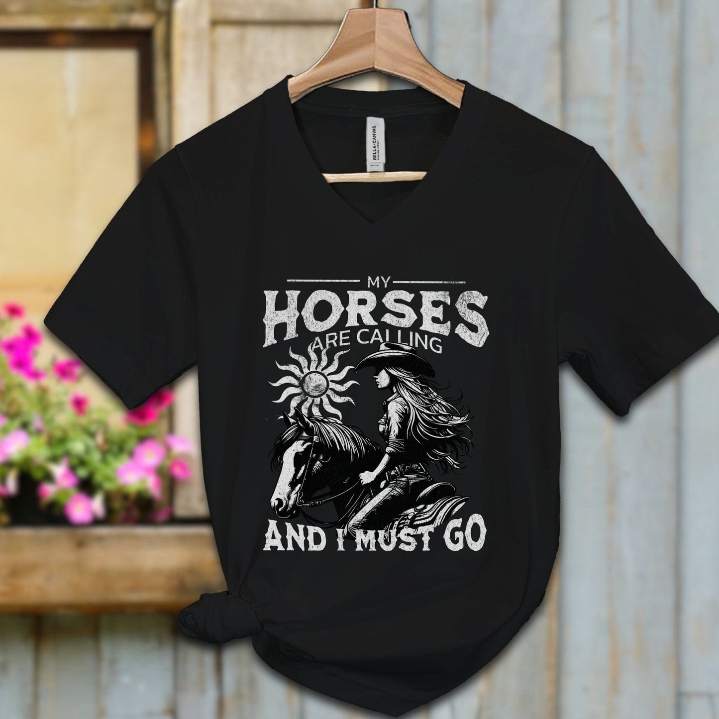 Ladies Shirt Black / S / Adult V-neck My Horses are Calling Shirt