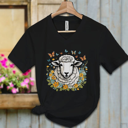 Ladies Shirt Black / S / Adult V-neck Whimsical Sheep Shirt