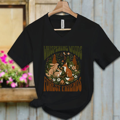 Ladies Shirt Black / S / Adult V-neck Whispering Woods Forest Friends Shirt