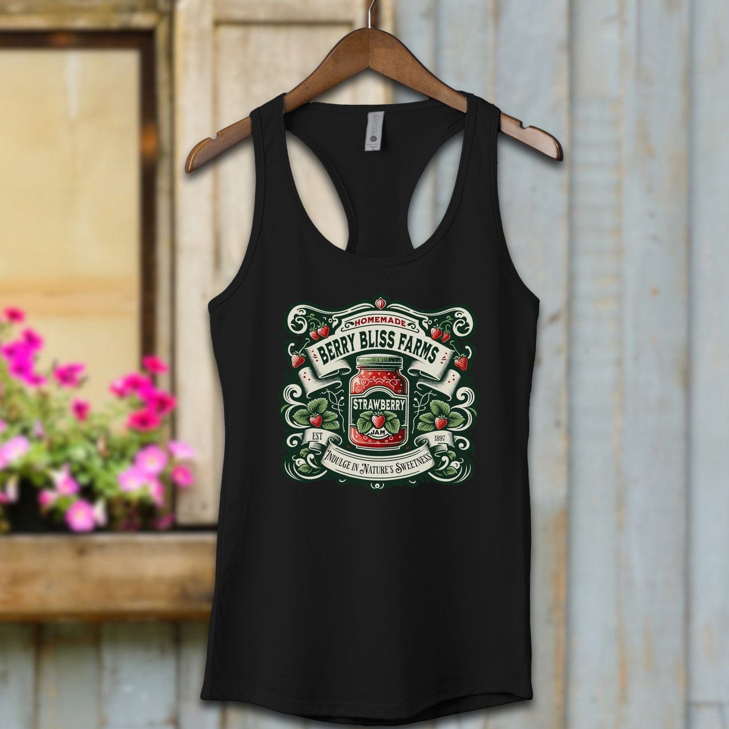 Ladies Shirt Black / XS / Adult Racerback Berry Bliss Farms Strawberry Jam Shirt